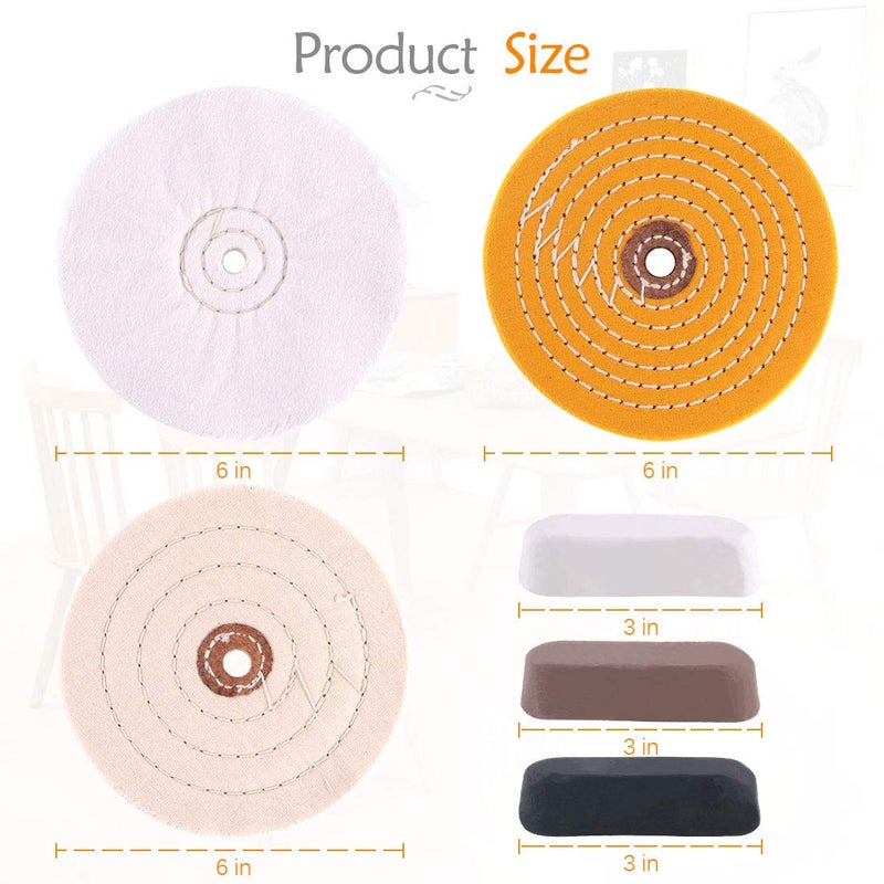 Rustark 6 Piece Polishing Compounds Kit with 3 Assorted Buffing Wheels Including Black Emery, Brown Tripoli, White Diamond, Yellow (30 Ply) Flannel (30 Ply), Cotton (40 Ply) for polishing - Image 2